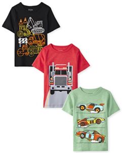The Children’s Place Baby Toddler Boys Short Sleeve Graphic T-Shirt 3-Pack, Construction Vehicles/Racecars/Semi Trucks, 4T