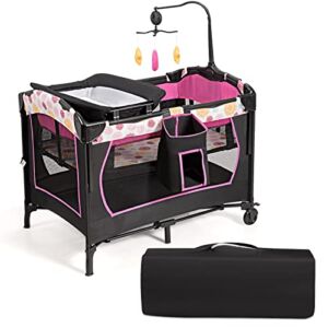 INFANS Pack and Play, Portable Activity Center for Kids, 3 Adjustable Heights Multifunctional Baby Bedside Sleeper with Bassinet, Diaper Changerand, Music Box, Toys, Wheels and Brakes (Rose)