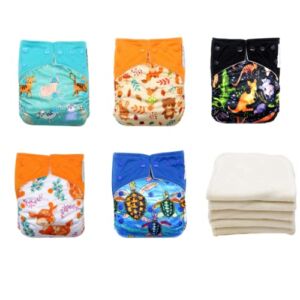 KaWaii Baby 5 One Size Pocket Cloth Diapers with 5 Premium Bamboo Inserts, Washable Reusable Cloth Diaper, Newborn to Potty Trained, 8–36 lbs – Animal Learning #1
