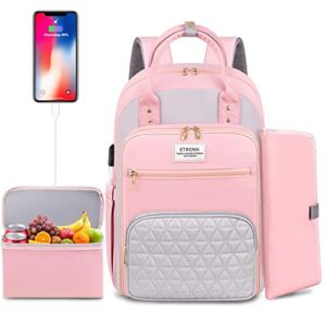 Diaper Bag Backpack with Portable Changing Pad, ETRONIK Multifunction Baby Bag with Insulated Cooler Lunch Bag, Large Capacity Waterproof Diaper Bag for Baby Girl, Pink