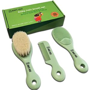 BRADYS HOUSE – 3 Piece Baby Hair Brush & Comb Set for Newborns- Soft Goat Bristle Hair-Brush, Silicone Bath Brush and Plastic Comb for Infant, Toddler, Kids – Baby