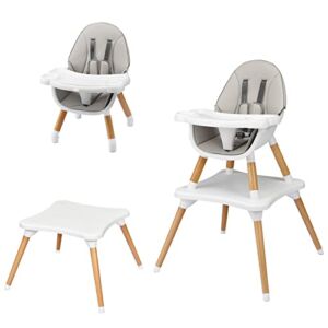 INFANS 5 in 1 Baby High Chair with 5 Point Harness, Detachable Tray, Wipeable Cushion, Converts to Table and Seat Set, Toddler Chair, Booster Seat, Wooden Dining Chair for Infant Kid (Grey)