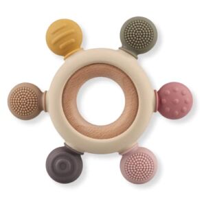 Baby Teething Toys, Silicone Chewable Rings with Organic Wooden, Natural Wooden Ring & Silicone Teething Toys for Newborn, 3+ Months (6 Directions, Khaki)