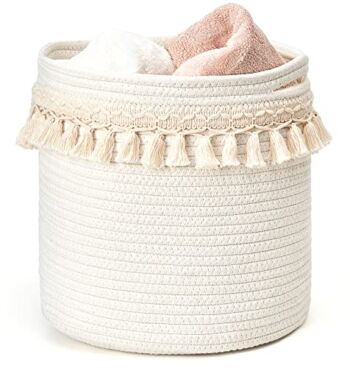 Mkono Macrame Decorative Cotton Rope Basket Boho Nursery Decor Small Cute Woven Tassel Closet Storage Bins Organizer for Baby Toys,Magazines, Potted Plants Cover,Living Room,Bedroom, 11″x11″ | The Storepaperoomates Retail Market - Fast Affordable Shopping
