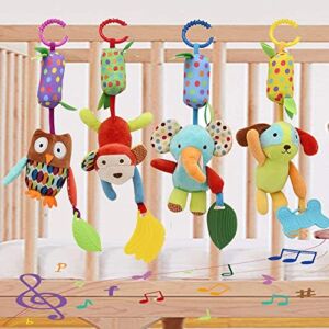 Bivan Baby Toy Soft Hanging Rattle Learning Toy with Teethers Plush Animal C-Clip Ring Infant Newborn Stroller Car Seat Crib Travel Activity Wind Chimes Hanging Toys for Boys Girls, 4 Pack