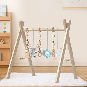 Wooden Baby Play Gym for Baby Gym with 6 Infant Toys, MAAZO Foldable Baby Play Gym Frame Activity Center Hanging Bar Newborn Toys Baby Gifts Easy to Assemble (Natural Color)
