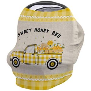 Honey Nursing Cover for Breastfeeding – Car Seat Canopy, Multi Use Covers – Privacy Baby Feeding Cover Up Scarf Stroller Blanket, Truck Carrying Bees Beehive Daisies Bees Yellow Plaid