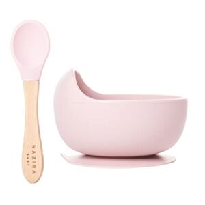 NAZIRABABY Silicone Baby Bowls and Spoons First Stage – Bowl with Spoon Set for Baby and Toddler – BPA Free Suction Bowls – Microwave Dishwasher and Freezer Safe (Flamingo Rose)