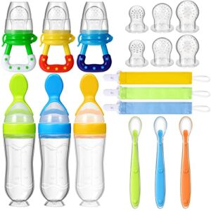 9 Pieces Baby Food Fruit Feeder Baby Food Feeder Bottle Silicone Feeding Spoons for Baby Mesh Fruit Pacifier Feeder with 6 Different Sized Silicone Pacifiers and 3 Baby Pacifier Clip Strap