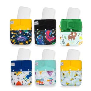 KaWaii Baby 6 One Size Heavy Duty HD3 Reusable Baby Cloth Diapers with 6 One Size Microfiber Inserts-Fast Changing for 8–36 lbs, Boy