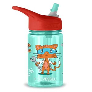 EcoVessel SPLASH Tritan Plastic Kids Water Bottle with Flip Straw, Leak Proof Lid, and Carry Handle 12 oz (Science Cat)