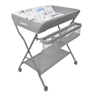 Baby Changing Table with Wheels, Maydolly Portable Adjustable Height Folding Diaper Station with Nursery Organizer & Storage Rack for Newborn Baby and Infant, Grey Pattern