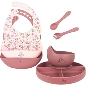 Silicone Baby Feeding Set, Toddler Dish with Suction, Baby Birthday Gift, Adjustable and Waterproof bib, Soft Spoon and Fork, Divided Tableware Set.