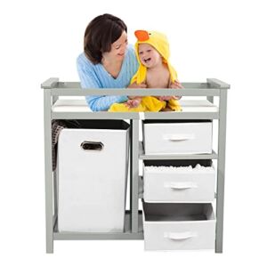 Portable Baby Changing Table with Drawers – Baby Changing Station with 1 Large Storage Basket and 3 Drawer Baskets Plus Changing Pad (Grey)
