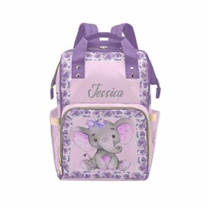 Personalized Diaper Bag Flower Baby Elephant Sitting on Purple Custom All-in-One Multifunction Bag Backpack