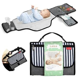 Lekereise Portable Changing Pad for Baby Waterproof Travel Changing Mat with Built-in Pillow, Striped