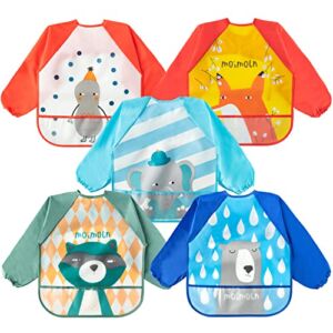 R HORSE 5Pcs Long Sleeved Bib for Babies Toddlers Waterproof Sleeved Bib with Great Capacity Pocket Cartoon Baby Bib Infants Feeding Bibs with Elephant Bear Fox Pattern for Baby Shower Age 6-36 months