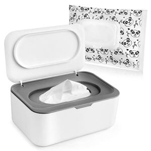 TORASO Wipes Holder, Wipes Dispenser with Lid, Pouch with Lid, Baby Wipes Case Keeps Wipes Fresh， Wipe Container Regular Storage Case Box(Gray+Panda)