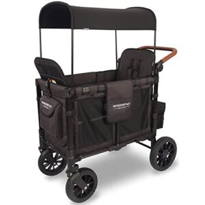 WONDERFOLD W2 Luxe Double Stroller Wagon Featuring 2 High Face-to-Face Seats with Magnetic Buckle 5-Point Harnesses and Adjustable/Removable UV-Protection Canopy, Volcanic Black
