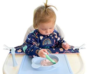 Nooni Care Baby Bibs for Eating | Rainbow Blue | Long Sleeve Bib can be Clipped to the Table | Long Sleeve Bibs for Babies keeps your Baby Cleaner than a Baby Apron | Coverall Bib for Baby Eating