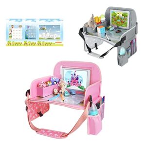 Pink & Grey Kids Travel Tray Bundle，Toddler Car Seat Tray with Dry Erase Board, Collapsible Lap Car Seat Travel Table Desk w/ iPad Holder, Storage Pocket for Kids Road Trip, Car Stroller, Airplane