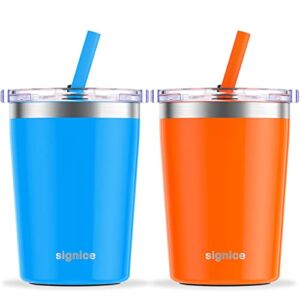 Kids Cups with Straw Lid – Signice Upgraded Leak Proof 8.5 Oz Toddler Smoothie Cup Vacuum Insulated Stainless Steel Toddlers Cups Baby Child Tumbler,BPA Free,2 Pack (Blue & Orange)