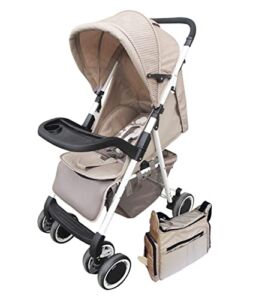AmorosO Single Lightweight Baby Stroller – Easy to Clean Foldable Stroller with Umbrella – Stroller with Cup Holder – Travel-Ready Stroller – Extra Storage Space and Diaper Bag (Light Brown)