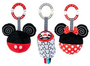 KIDS PREFERRED Disney Baby Mikcey Mouse and Minnie Mouse 3 Pack Hanging Toys, Black and White High Crinkle Plush, Boys and Girls Ages 0+, Stroller On The Go Clip, Teether, Chime Toy (81261)
