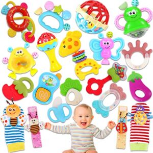 AZEN 20Pcs Baby Rattles Toys for 0-12 Month, Infant Newborn Toddler Toys for 0-6 Months, Baby Toys for 6 to 12 Months, Girl Boy Gifts Set with Teethers and Wrist Socks