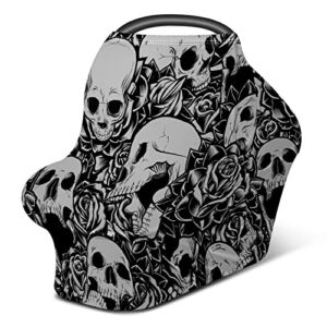 Baby Car Seat Stroller Covers Skulls and Flowers Nursing Cover Breastfeeding Scarf Soft Breathable Stretchy Infant Car Canopy Coverage Carseat Cover for Boys and Girls Multi Use