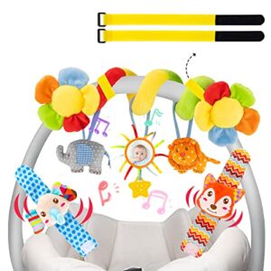 UNIH Car Seat Toys, Baby Toys 0-6 Months with Baby Rattles, Soft Musical Infant Toys with Baby Mirror, Newborn Sensory Toys for Crib Mobile, Stroller Toy for 0 3 6 9 12 Months Girls Boys with 2 Velcro