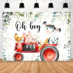 Aperturee Holy Cow Baby Shower Backdrop 7x5ft Greenery Farm Animals Tractor Oh Boy Eucalyptus Leaves Photography Background It’s A Boy Party Decorations Photo Shoot Booth Props Banners