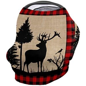 Infant Car Canopy, Christmas Elk Forest Animal Stretchy Nursing Cover Car Seat Covers, Red Buffalo Plaid Lace Xmas Privacy Breastfeeding Covers Scarf Baby Shower Gifts