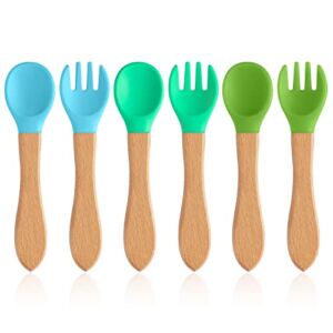 R HORSE 6Pcs Silicone Baby Forks and Spoon Set with Beech Handle Blue Green Silicone Baby Feeding Set BPA-Free Baby Training Utensils Set for Toddlers Boy Girl Self Feeding