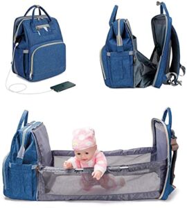 3 in 1 Diaper Bag Backpack Foldable Baby Bed Multi-functional Waterproof Mummy Bag with USB Charge (Dark Blue)