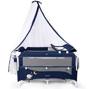 Portable Baby Playard, 4 in 1 Pack and Play, Baby Bedside Sleeper with Bassinet, Changing Table, Foldable Bassinet Bed with Luxury Mosquito Net for Boys Girls Infant Navy