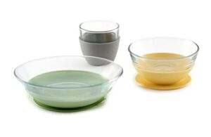 BEABA 3-Piece Glass and Silicone Meal Set – Easy to Clean – Dishwasher and Microwave Safe – Non-Slip Suction Bottom – Includes Plate, Bowl, Cup (Pastel)