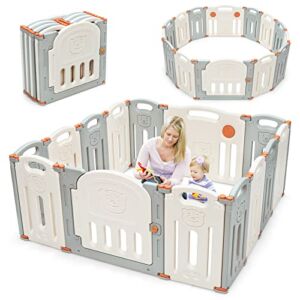 INFANS Baby Playpen, Kids Play Activity Center Yard for Toddlers, 14-Panel Safety Foldable Play Yard with Safety Lock, Adjustable Shape, Game Panel & Gate for Indoors or Outdoors (Beige + Gray)