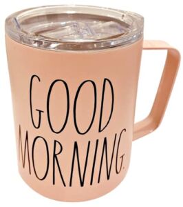Rae Dunn Stainless Steel Double Wall Insulated Travel Mug | PINK | Inscribed: GOOD MORNING with BPA- Free Lucite Sippy Lid | 12 fl. oz.