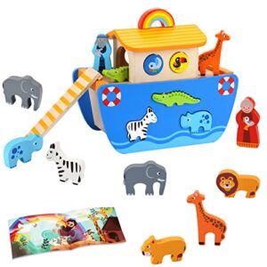 Toddlers Wooden Noah’s Ark Toy Animal Playset, Baptism Gifts for 1 2 3 Boys Girls, Shape Sorter Early Learning Montessori Toys with Bible Story Book for 12 18 24 Months Babies
