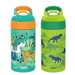 Zak Designs 16oz Riverside Kids Water Bottle with Spout Cover and Built-in Carrying Loop, Made of Durable Plastic, Leak-Proof Water Bottle Design for Travel (Dino Camo & Safari, Pack of 2)