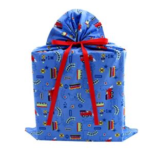 Choo Choo Trains Blue Reusable Fabric Gift Bag for Child’s Birthday or Baby Shower (Large 20 Inches Wide by 27 Inches High)