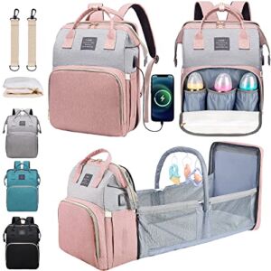 Diaper Bag Backpack, Baby Bag Diaper Bag with Changing Station & Toy Bar, Baby Girl Boy Diaper Bag for Dad Mom Travel Baby Shower Gifts, Large Capacity, 900d Oxford, USB Port, 3 Toys, Pink