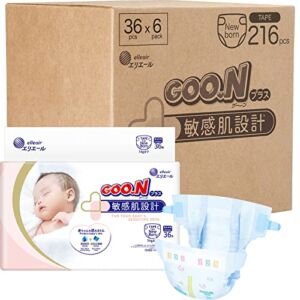GOO.N Plus+ Diapers Newborn/XS Size (up to 11 lb) Unisex [6-Pack] 216 Count Tape Straps Sensitive Skin, Made in Japan