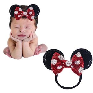 JIAHANG Mouse Ears Sequin Bow Nylon Hairband with Polka Dot, Hair Bow Nylon Headband, Soft Elastic Costume Headwear for Baby Girl Newborn Toddler, kids, Party Supplies