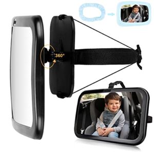 FACIACC Baby Car Mirrors for Back Seat, 360° Rotation Rear View Car Seat Mirror Safety Shatterproof Infant Rear Facing Mirror, Fully Assembled (Black+Blue)