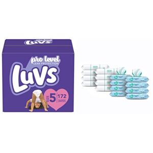 Luvs Pro Level Leak Protection Diapers Size 5 (2 X 172 Count) & Pampers Complete Clean Scented Baby Diaper Wipes, 8X Pop-Top Packs and 8 Refill Packs for Dispenser Tub, 1152 Total Wipes