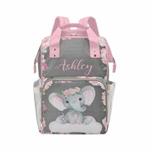 Personalized Baby Elephant with Pink Rose Flowers Diaper Bag Nursing Baby Bags Nappy Bag Travel Daypack for Mom Dad Girl