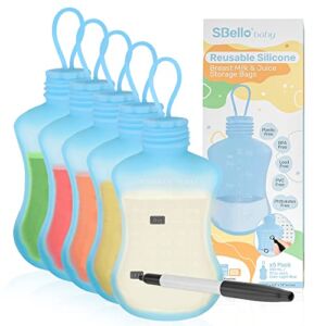 SBello Baby Breastmilk Storage Bags 10oz / 300ml 5 Pack Reusable Silicone Bags with Markable Storage Date (No Hanging Tags Needed) | Ecofriendly | Leakproof Breast Milk Storing Freezer Bags | BPA Free | Food Grade Silicone | Breast Feeding Essentials