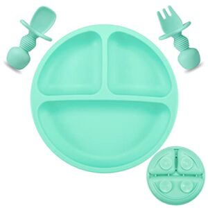 PandaEar Silicone Suction Plate for Baby Toddler| Divided Unbreakable Baby Food Plate Stay Put with Suction Spoon and Fork, Non-Slip, Non-Toxic, BPA Free, Dishwasher and Microwave Safe (Green)